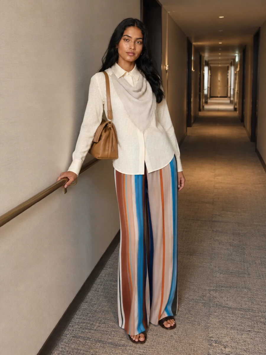 Fendi striped wide leg pants cream shirt outfit