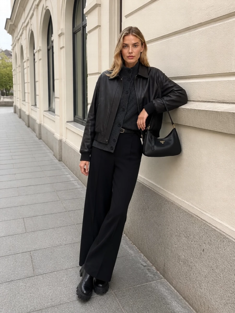 Prada leather bomber wide leg trousers outfit