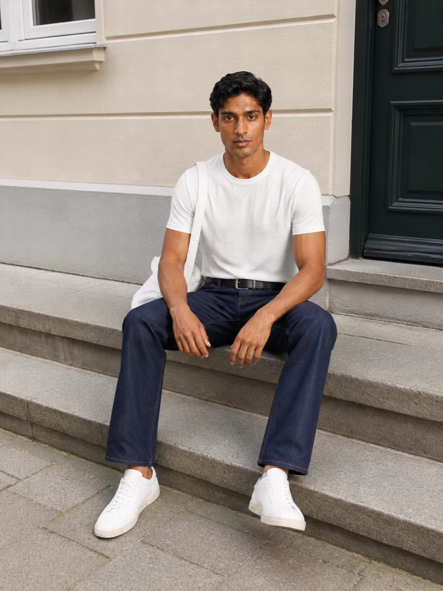 Giorgio armani white tshirt indigo jeans outfit