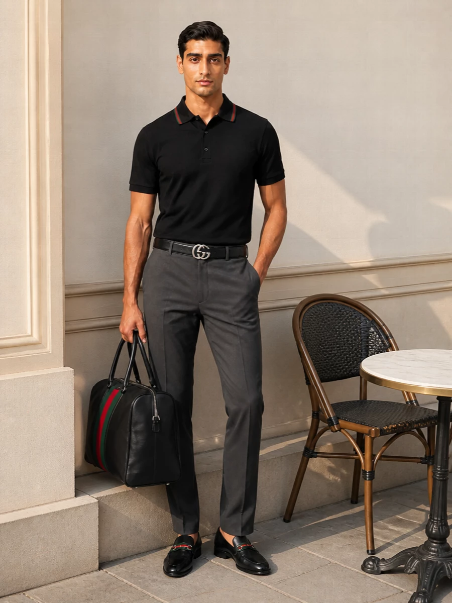 Gucci black polo charcoal trousers loafers