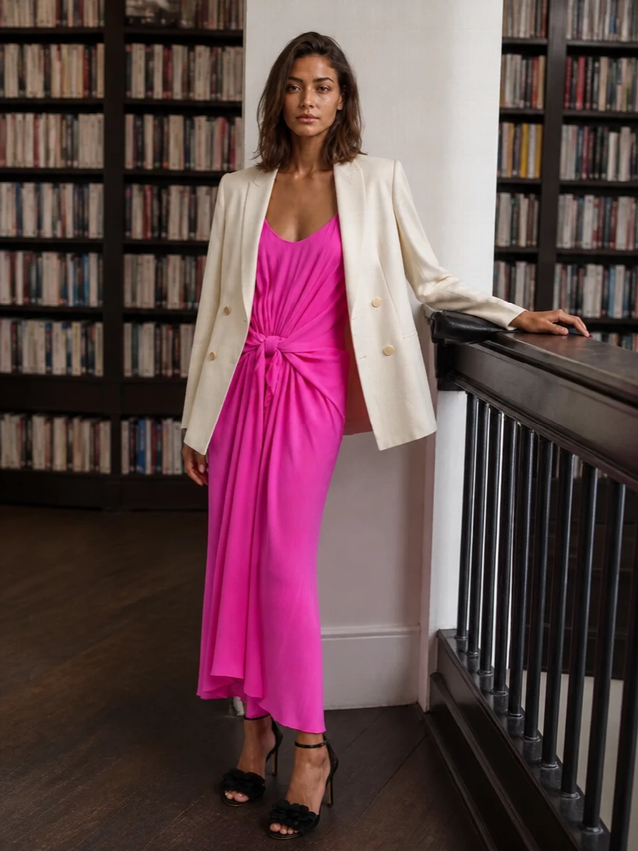 Neon pink takes center stage, cinched and draped for a sculptural, evening column. Glossy black stilettos and a slim black clutch sharpen the drama into something precise and quietly expensive. The result is bold color handled with clean, minimal accessories that feel cocktail ready rather than loud.