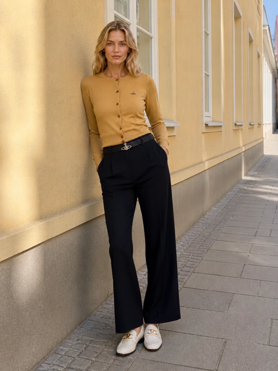 A mustard Westwood cardigan sits over inky high-rise trousers for a quietly polished, slightly collegiate mix. Ivory loafers keep the mood light and spring-ready, while a structured black mini bag and navy belt add just enough definition. The result is clean, confident and easy for anything from smart brunch to a casual office day.