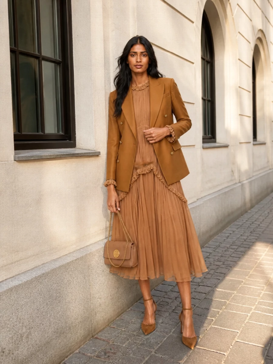 Zimmermann camel blazer chiffon midi dress outfit