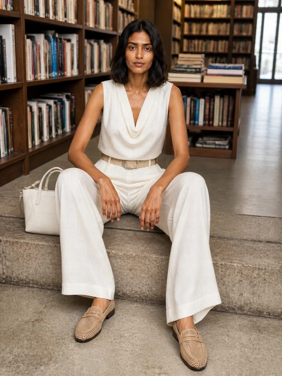 Cucinelli ivory wide leg trouser outfit
