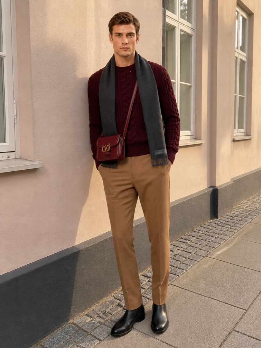 Alexander mcqueen burgundy sweater camel trousers