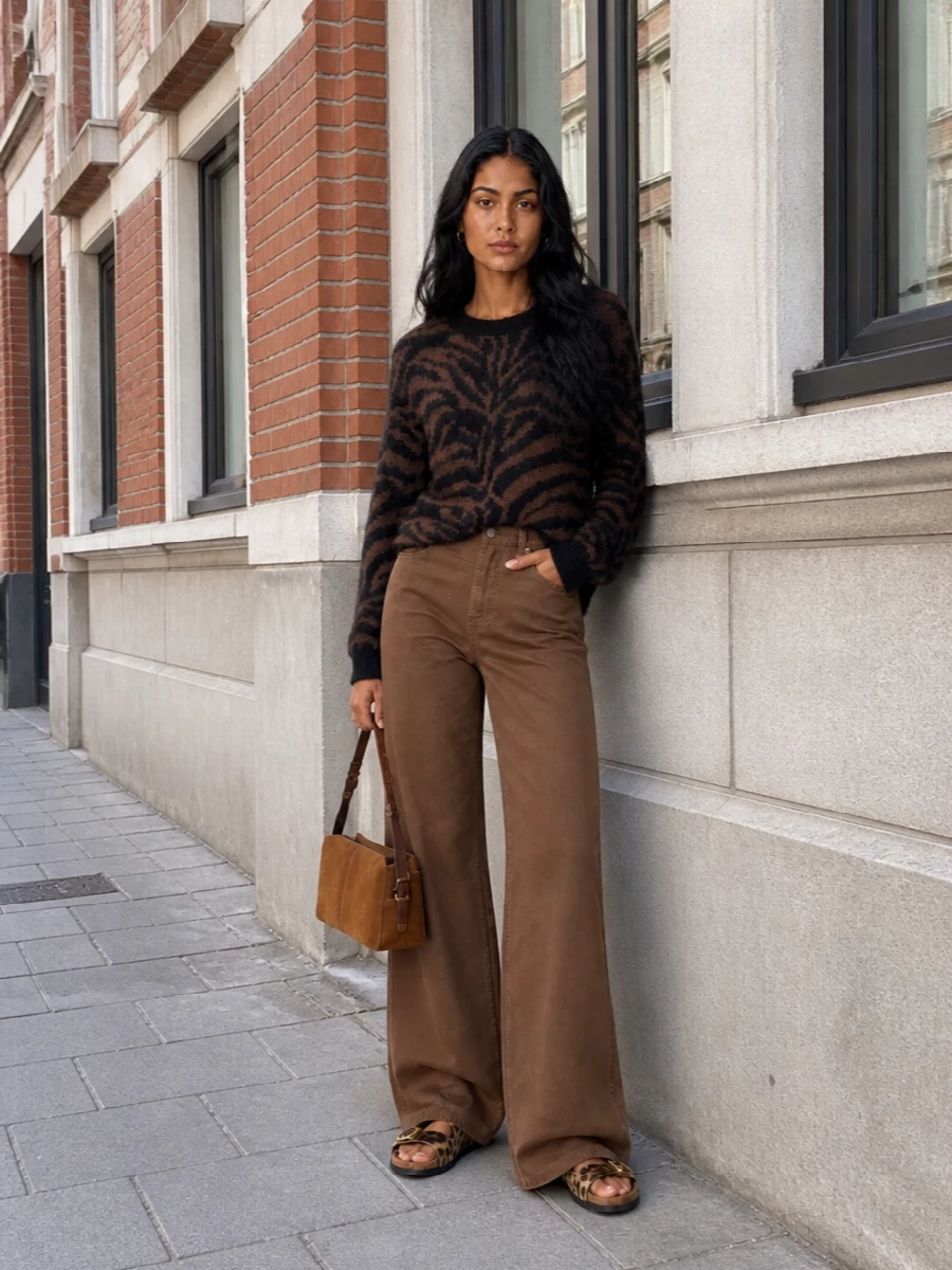 This is a warm, grounded animal story built around texture, not noise: soft zebra on top, smooth chestnut wide legs below, and those leopard Birkenstocks keeping it all relaxed. The long, high-rise trouser line works with the flat slides to feel easy but intentional, while the caramel suede baguette quietly echoes the cork and brown tones. It’s a laid-back city take on boho that still feels pulled together enough for brunch, gallery wandering, or travel days.