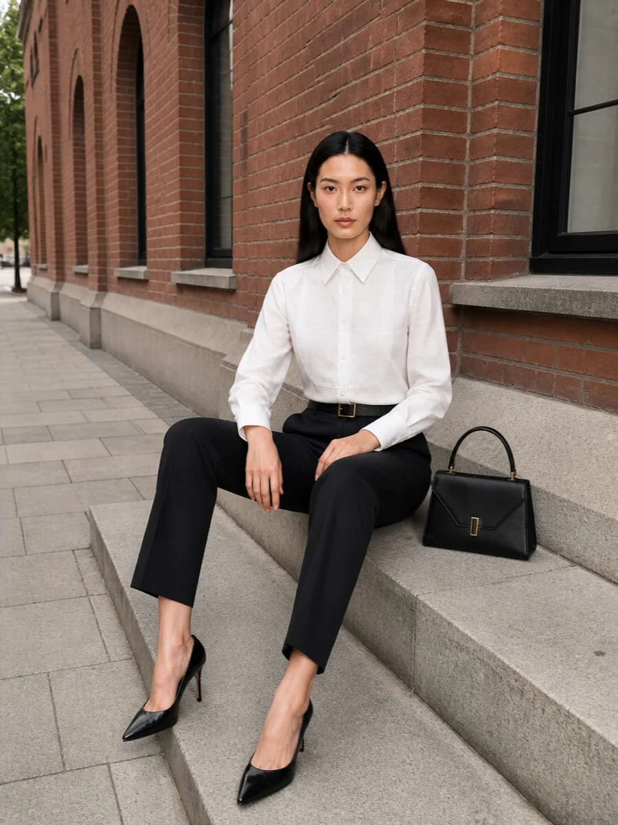 A crisp ivory tuxedo shirt and deep-black tailored trousers create a graphic, monochrome column that feels precise rather than severe. A pointed black heel and structured top-handle bag keep the line clean and purposeful, with a slim black belt quietly framing the waist. It is boardroom-level tailoring with enough sharpness to hold its own at a late dinner reservation.