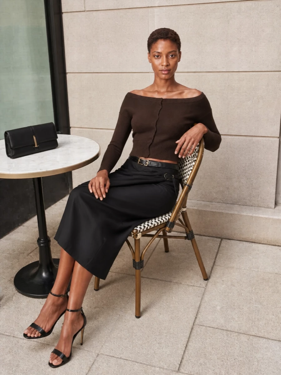 Tom ford brown knit top black midi skirt outfit
